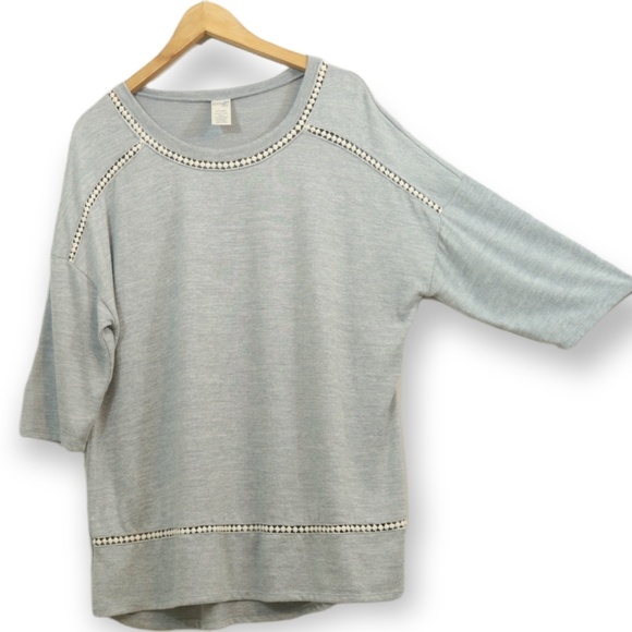 Terra And Sky Heathered Grey Crochet Lace Trim Knit Top